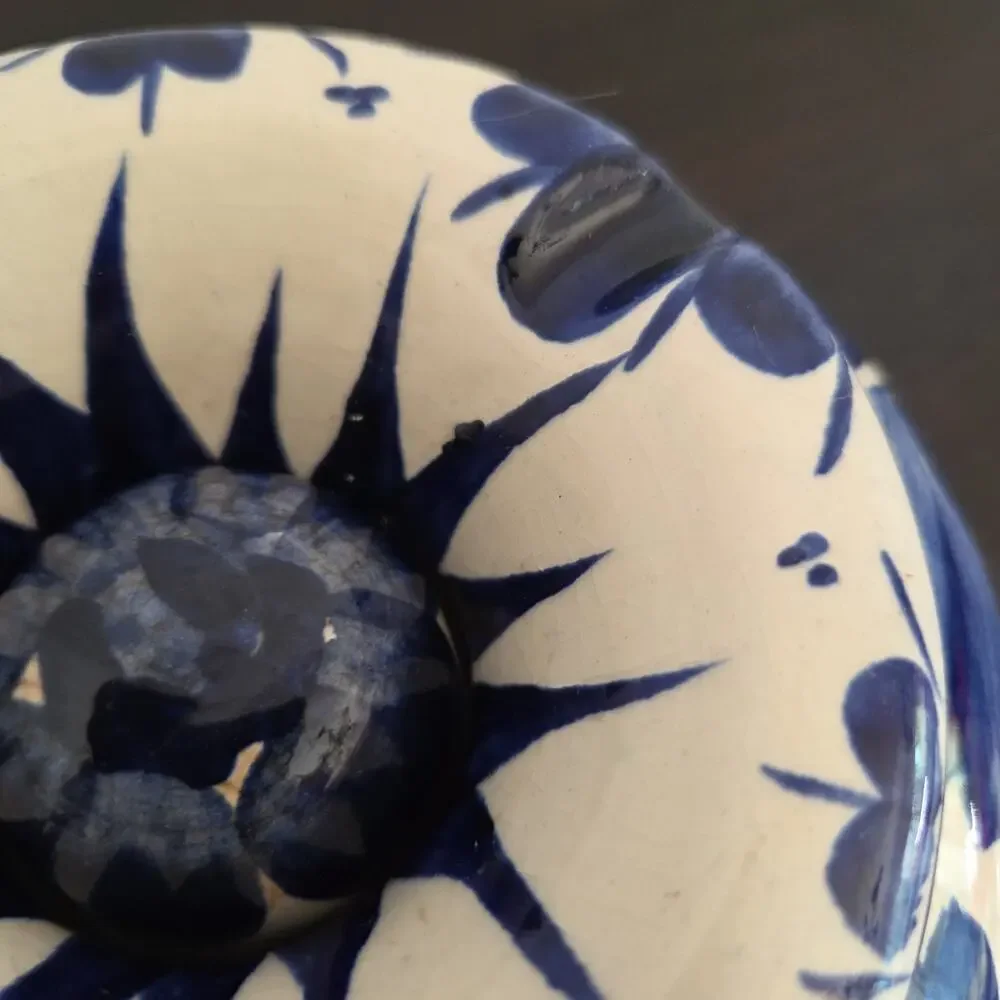 Vintage Mexican Pottery Covered Ashtray Blue White Floral Hecho En Mexico 8